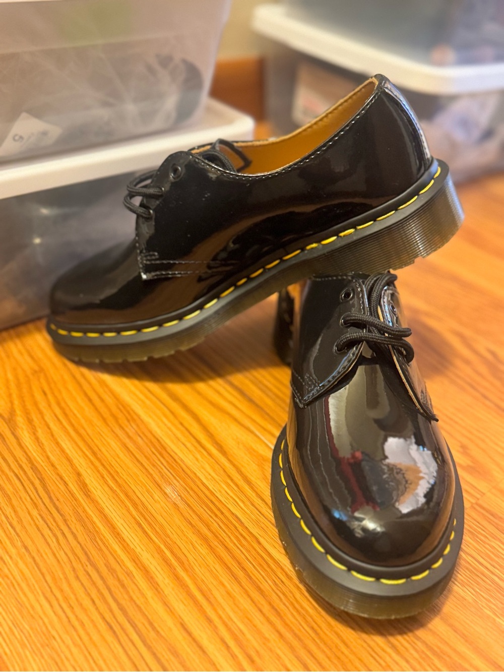 Dr. Martens Kids Black Patent Lace-Up Oxfords with Yellow Stitch
